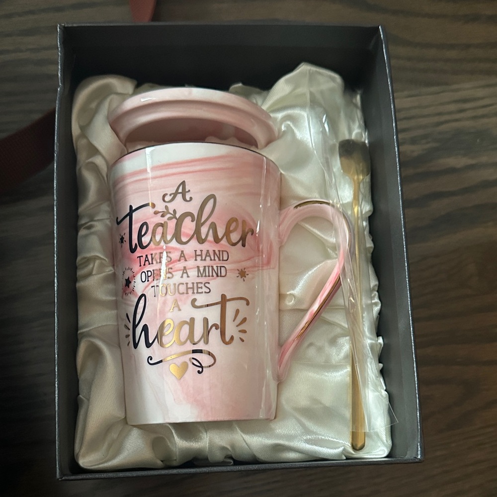 Pink Ceramic Teacher Mug with Lid and Spoon